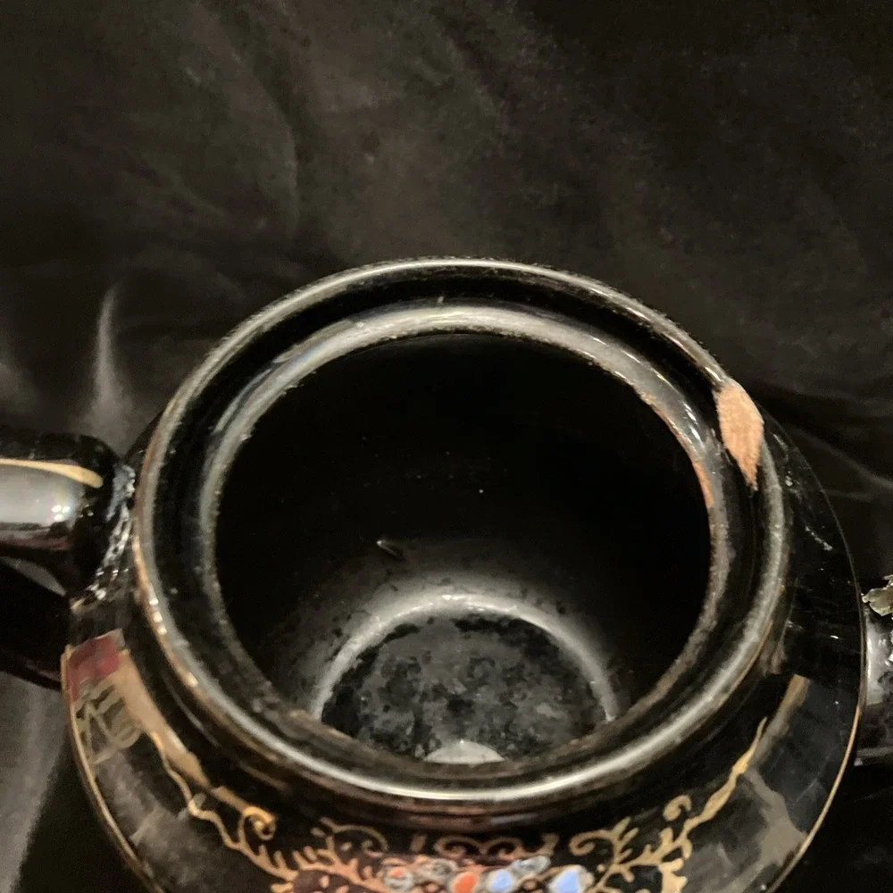 Hand Painted VTG Black Teapot Gold Trim Moriage Raised Dots Japan Glued Spout